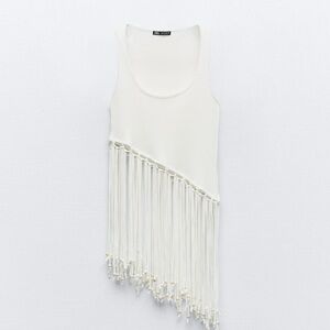 Zara Cream Asymmetrical Fringe Tank Top